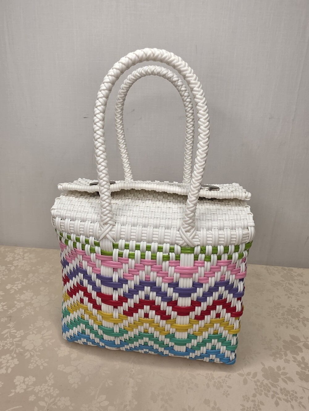 Vintage Style Woven Rainbow Plastic Basket Bag Tote Summer Beach